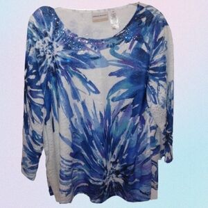 2X Alfred Dunner Blue & White Embellished Blouse